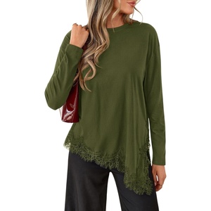 PRETTYGARDEN Women’s Long Sleeve Asymmetrical Lace Tops Fall(Army Green)