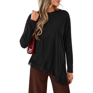 PRETTYGARDEN Women’s Long Sleeve Asymmetrical Lace Tops Fall(Black)