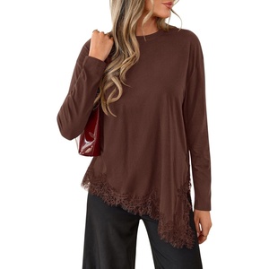 PRETTYGARDEN Women’s Long Sleeve Asymmetrical Lace Tops Fall(Brown)