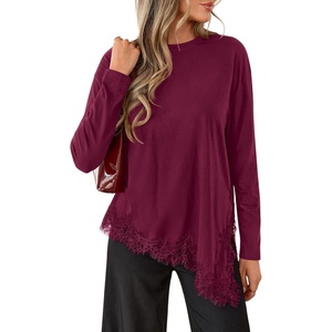 PRETTYGARDEN Women’s Long Sleeve Asymmetrical Lace Tops Fall(Burgundy)
