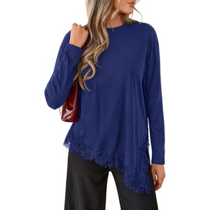 PRETTYGARDEN Women’s Long Sleeve Asymmetrical Lace Tops Fall(Navy Blue)