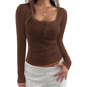PRETTYGARDEN Womens Long Sleeve Henley Shirts Going Out Tops(Brown)