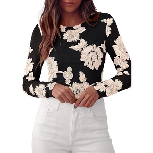 PRETTYGARDEN Women’s Mesh Long Sleeve Embroidered Floral Tops(Black Apricot Floral)