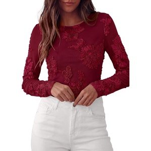 PRETTYGARDEN Women’s Mesh Long Sleeve Embroidered Floral Tops(Burgundy)