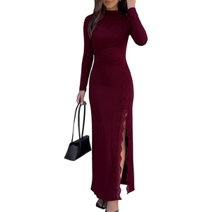 PRETTYGARDEN Womens Mock Neck Long Sleeve Bodycon Maxi Dress(Burgundy)