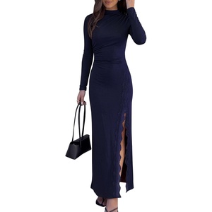 PRETTYGARDEN Womens Mock Neck Long Sleeve Bodycon Maxi Dress(Navy)