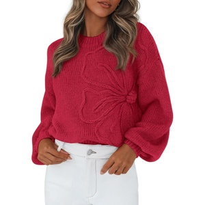 PRETTYGARDEN Women’s Oversized 3D Floral Knit Sweater(Red)