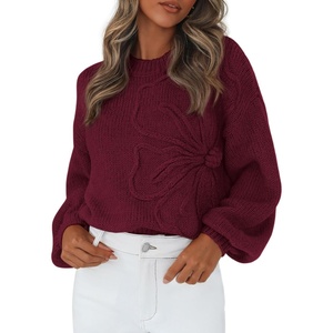 PRETTYGARDEN Women’s Oversized 3D Floral Knit Sweater(Wine Red)