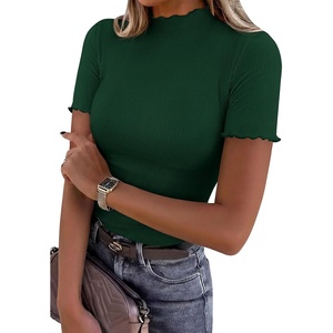 PRETTYGARDEN Women’s Short Sleeve Ribbed Knit T Shirts(Dark Green)