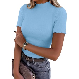 PRETTYGARDEN Women’s Short Sleeve Ribbed Knit T Shirts(Light Blue)