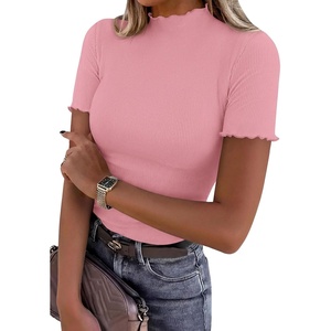 PRETTYGARDEN Women’s Short Sleeve Ribbed Knit T Shirts(Pink)