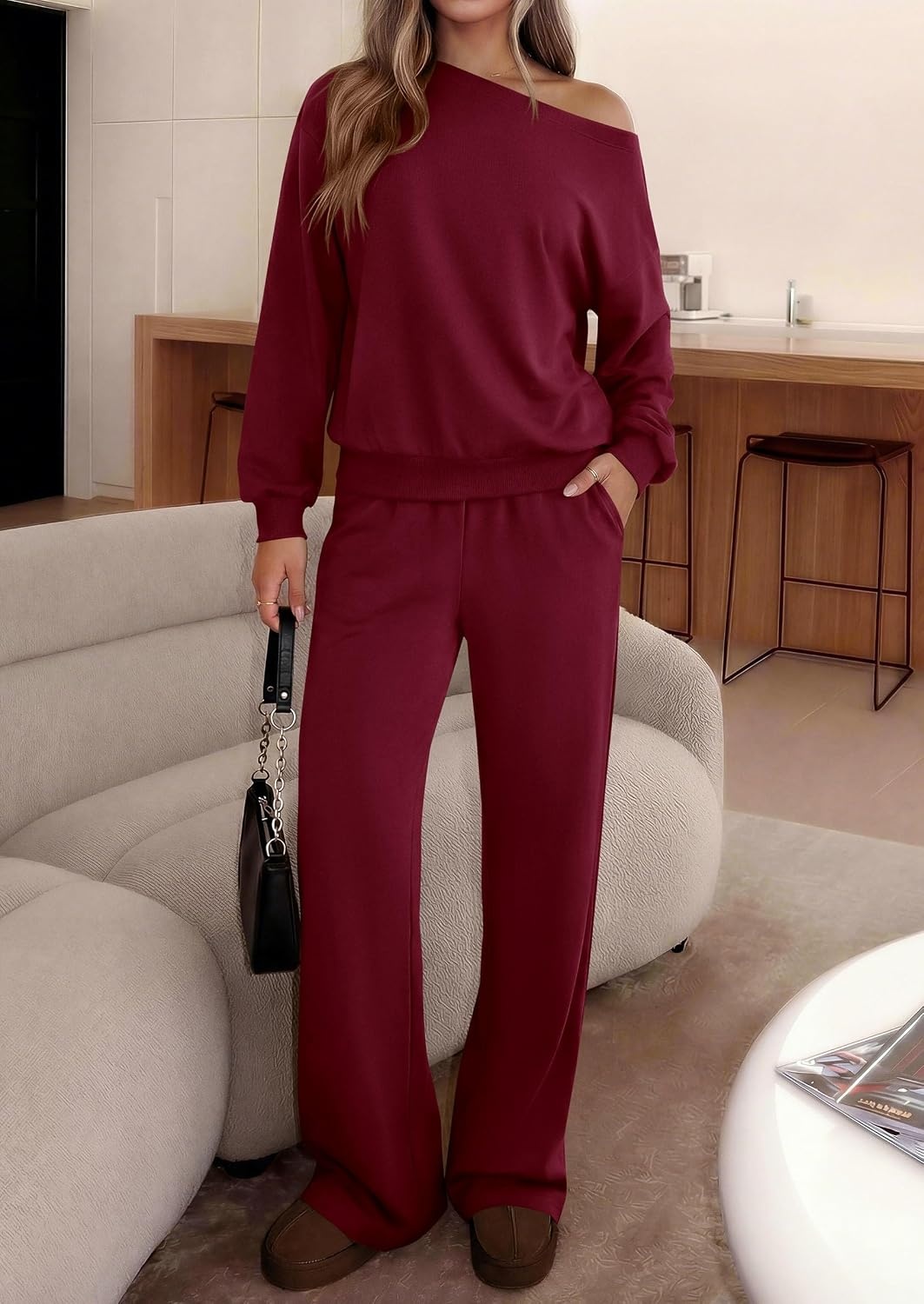 image:imagePRETTYGARDEN 2 Piece Sets for Women Off the Shoulder Matching Lounge SetWine Red