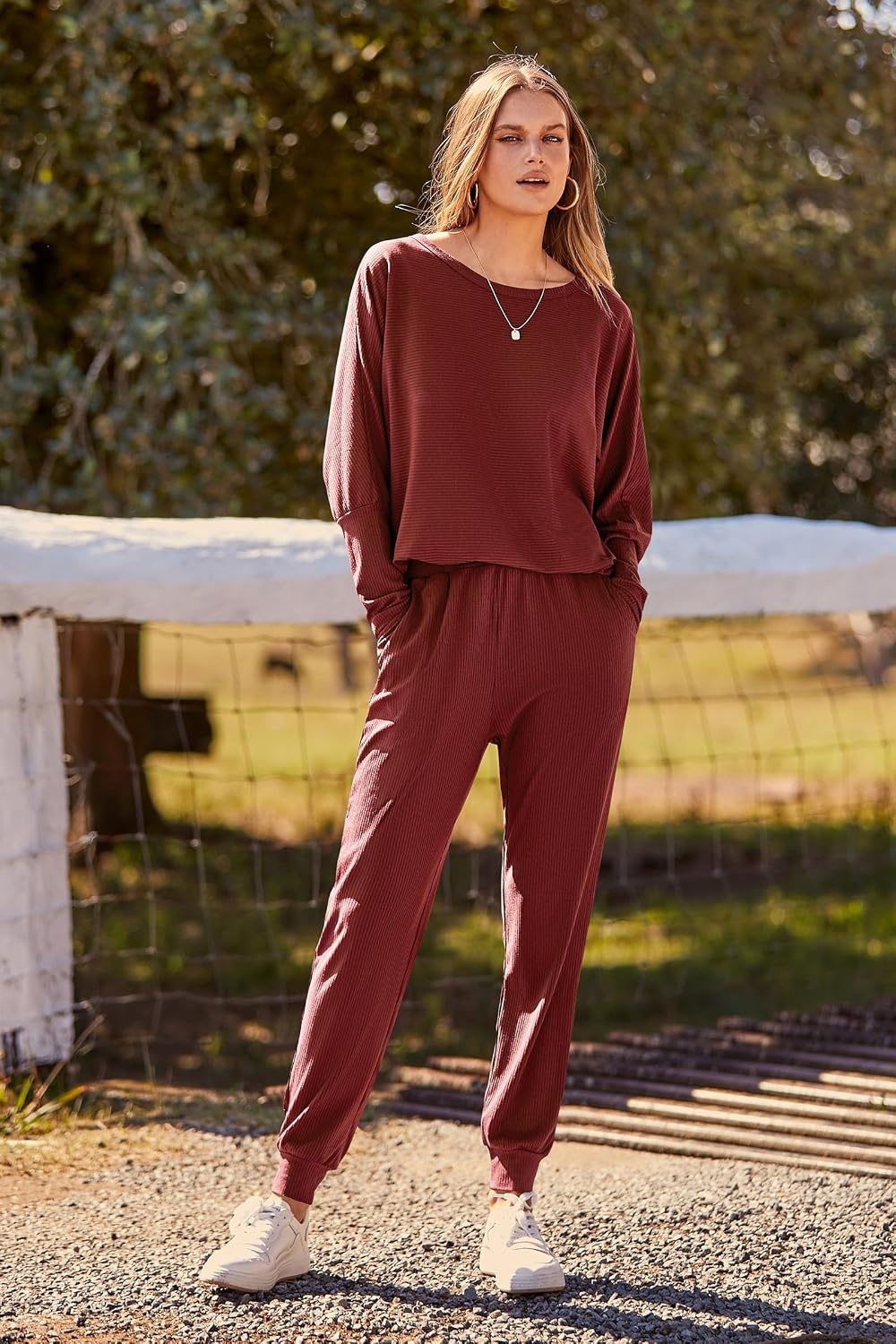 image:imagePRETTYGARDEN Womens 2 Piece Outfit Matching Lounge SetBrown Red
