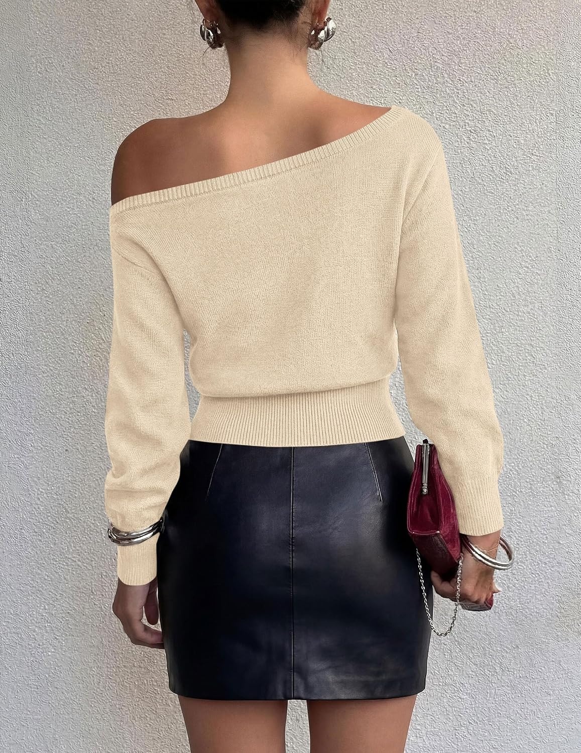image:imagePRETTYGARDEN Womens Fall Off The Shoulder Sweater TopsBeige