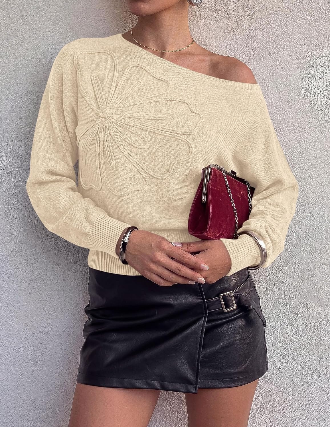 image:imagePRETTYGARDEN Womens Fall Off The Shoulder Sweater TopsBeige
