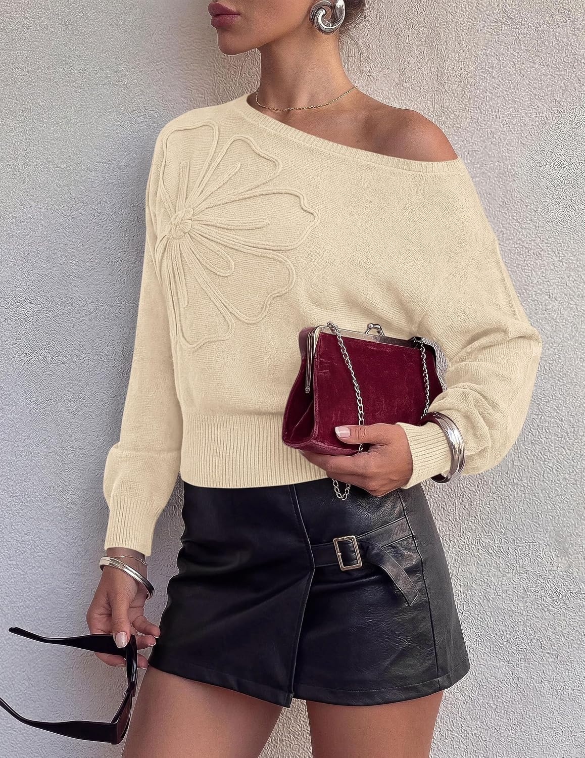 image:imagePRETTYGARDEN Womens Fall Off The Shoulder Sweater TopsBeige