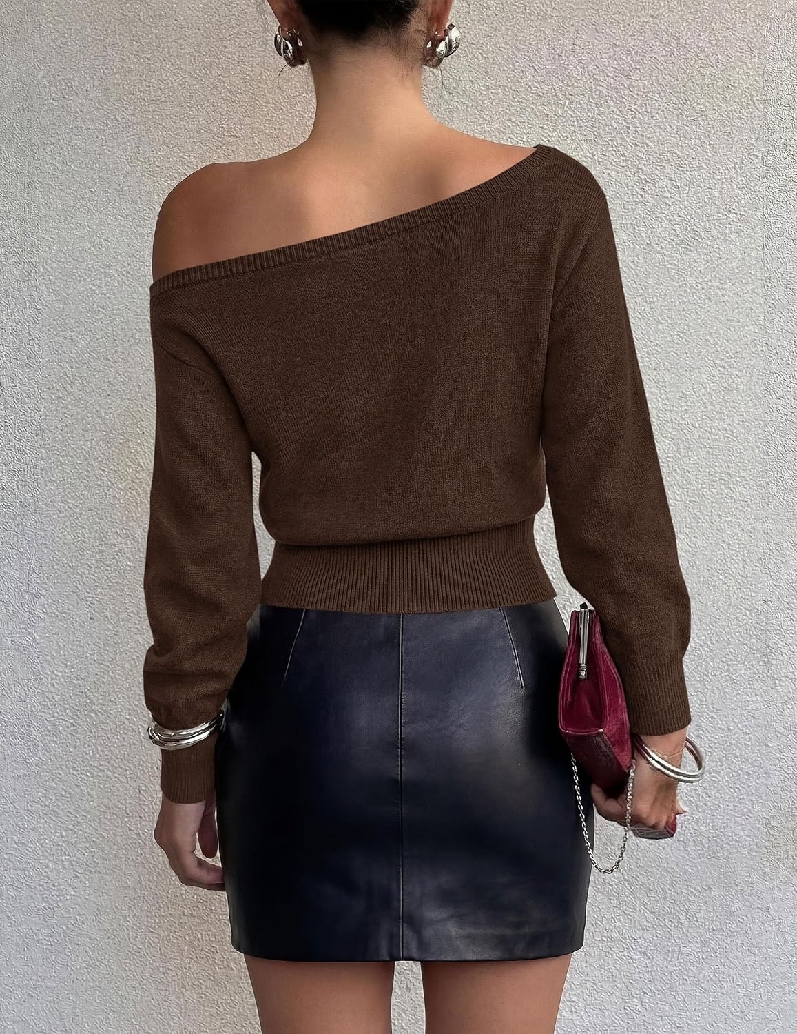 image:imagePRETTYGARDEN Womens Fall Off The Shoulder Sweater TopsBrown