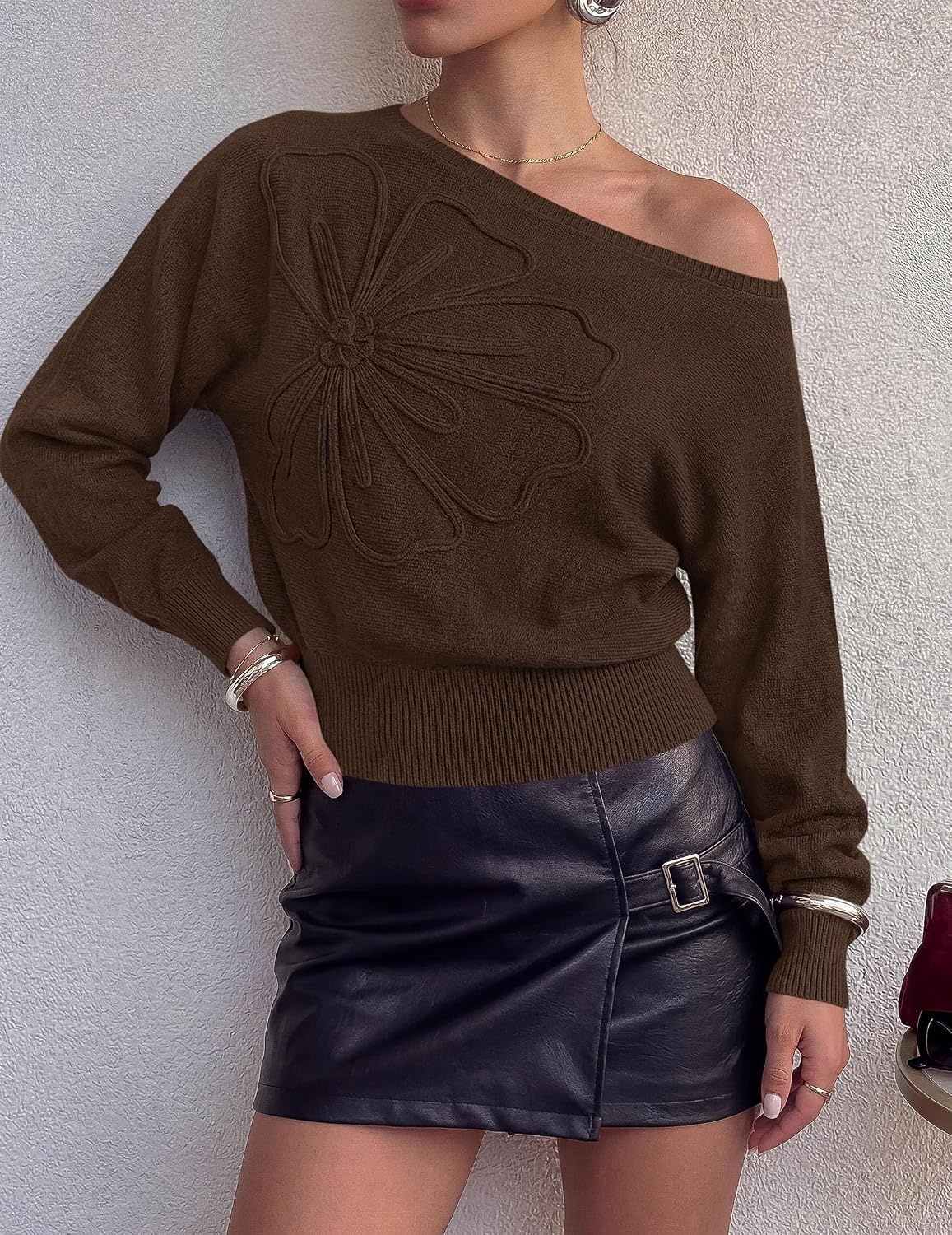 image:imagePRETTYGARDEN Womens Fall Off The Shoulder Sweater TopsBrown