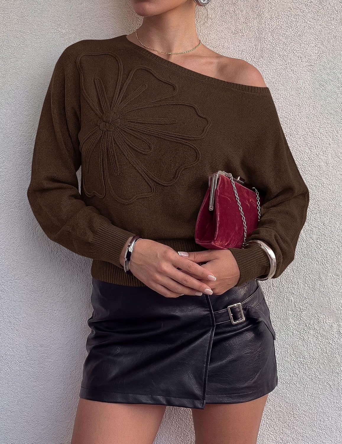 image:imagePRETTYGARDEN Womens Fall Off The Shoulder Sweater TopsBrown