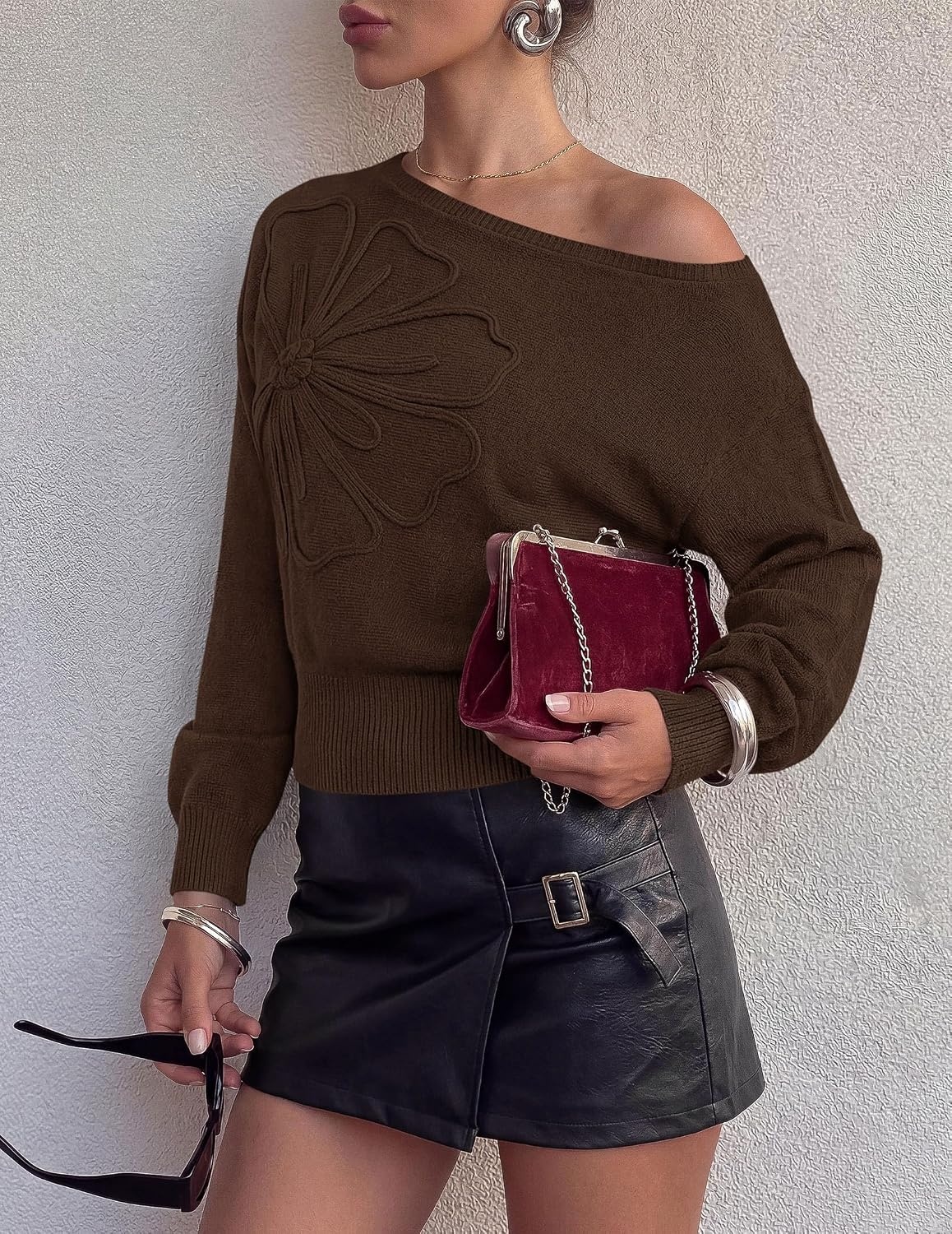 image:imagePRETTYGARDEN Womens Fall Off The Shoulder Sweater TopsBrown