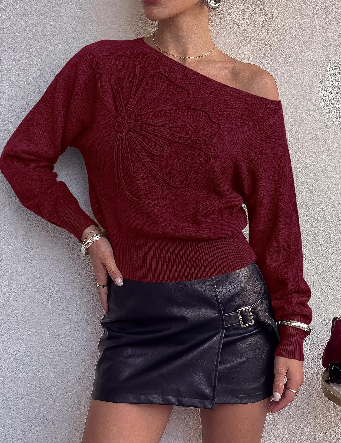 image:imagePRETTYGARDEN Womens Fall Off The Shoulder Sweater TopsBurgundy