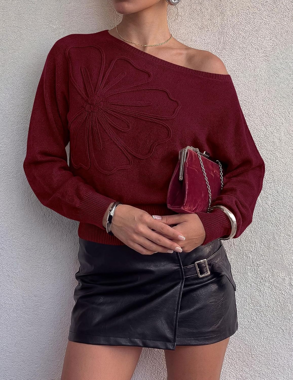 image:imagePRETTYGARDEN Womens Fall Off The Shoulder Sweater TopsBurgundy
