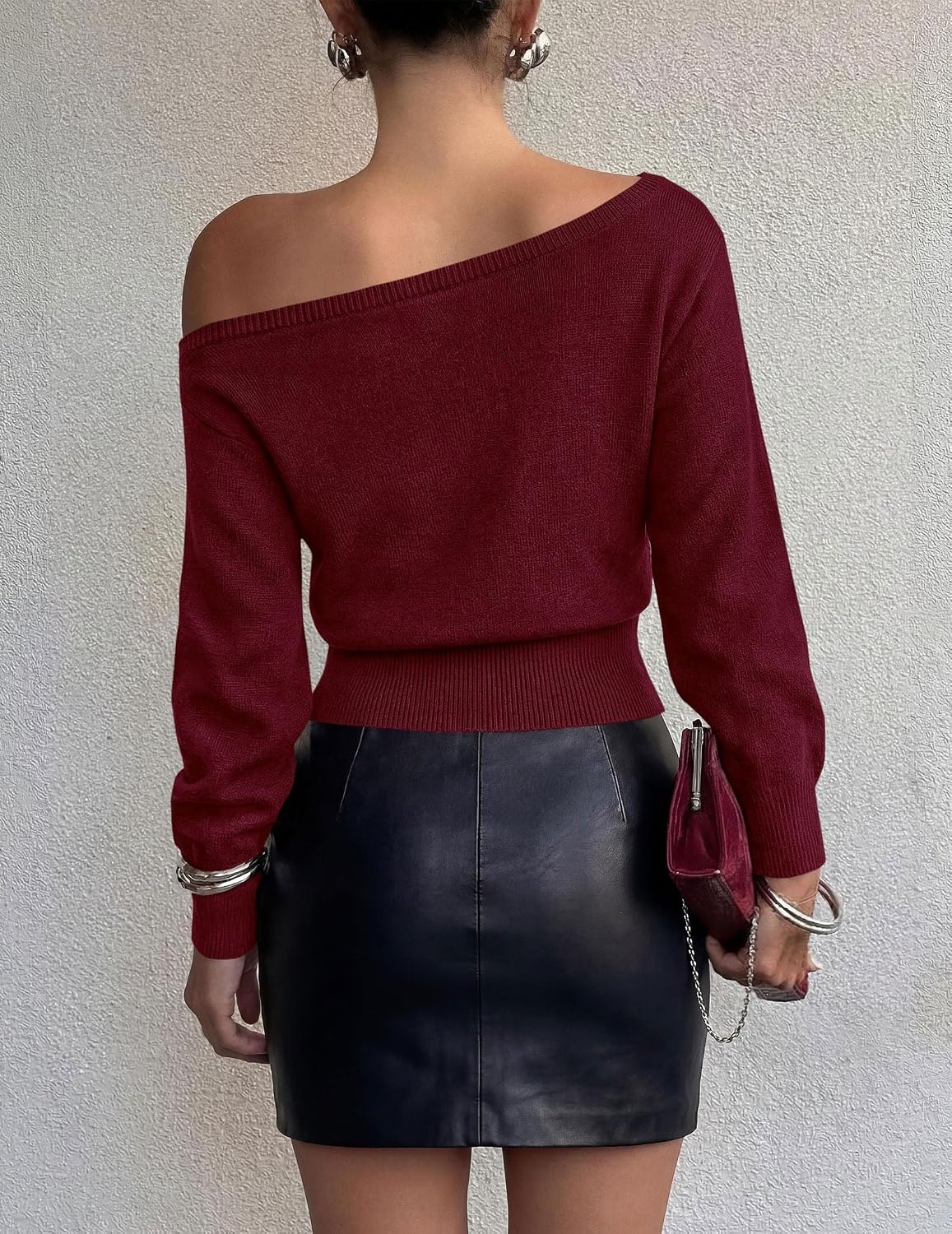 image:imagePRETTYGARDEN Womens Fall Off The Shoulder Sweater TopsBurgundy
