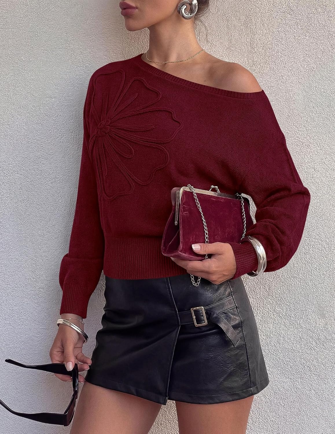 image:imagePRETTYGARDEN Womens Fall Off The Shoulder Sweater TopsBurgundy