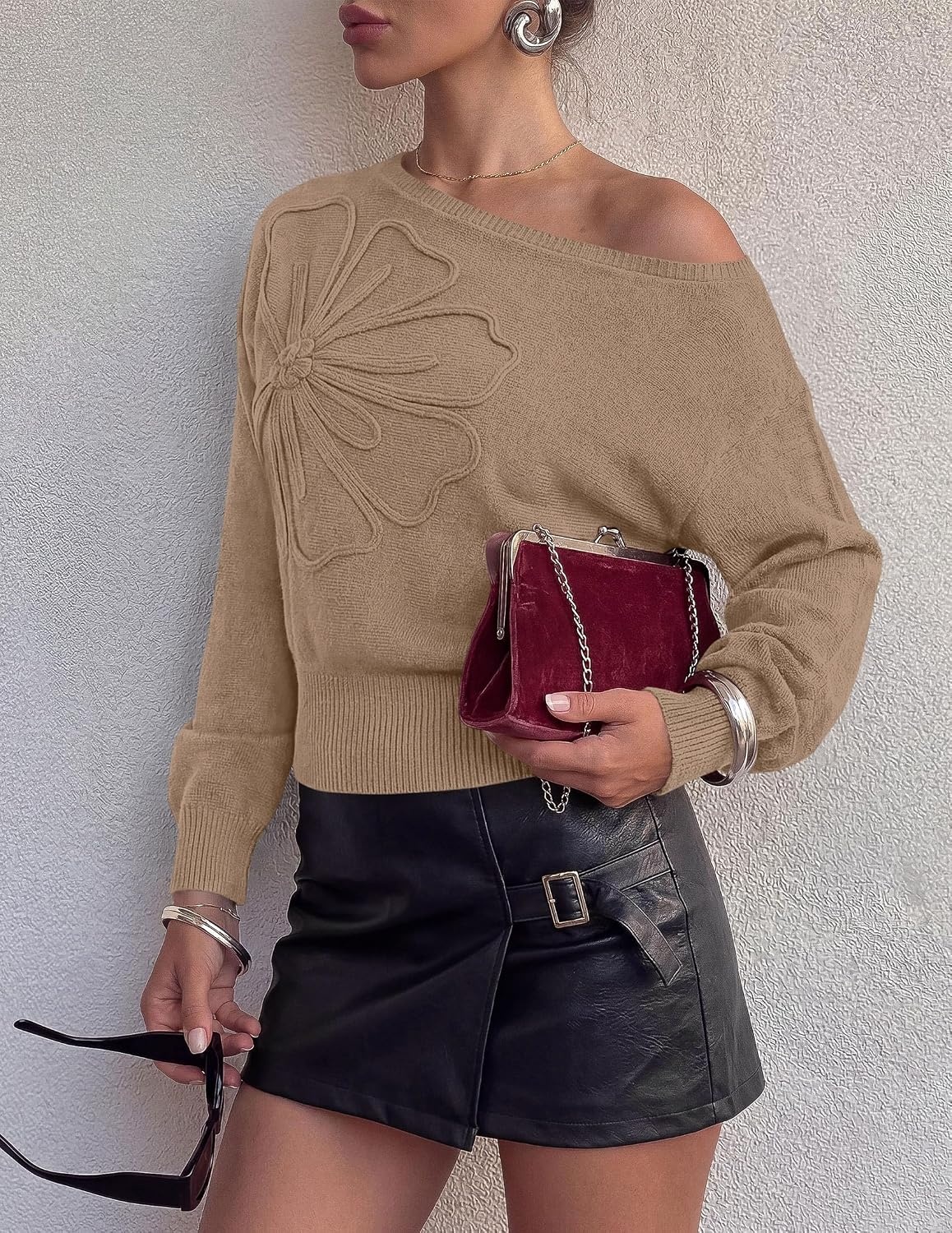 image:imagePRETTYGARDEN Womens Fall Off The Shoulder Sweater TopsKhaki