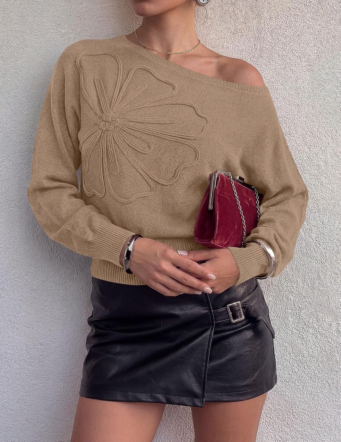 image:imagePRETTYGARDEN Womens Fall Off The Shoulder Sweater TopsKhaki