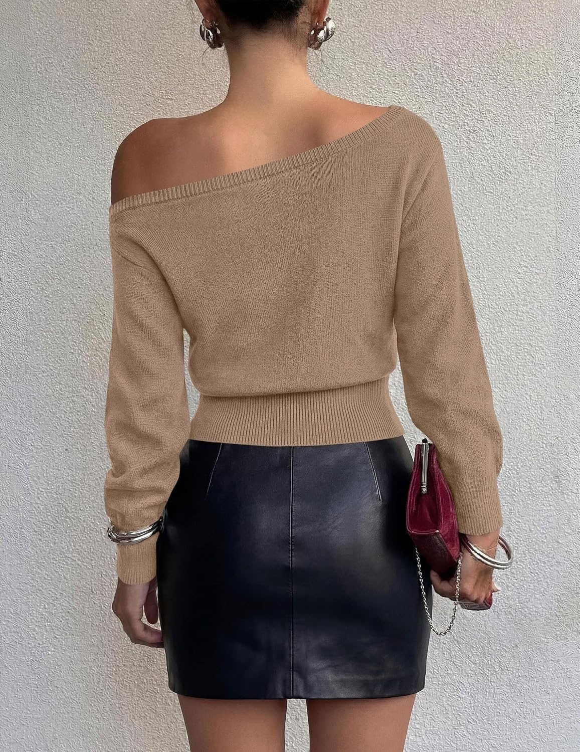 image:imagePRETTYGARDEN Womens Fall Off The Shoulder Sweater TopsKhaki