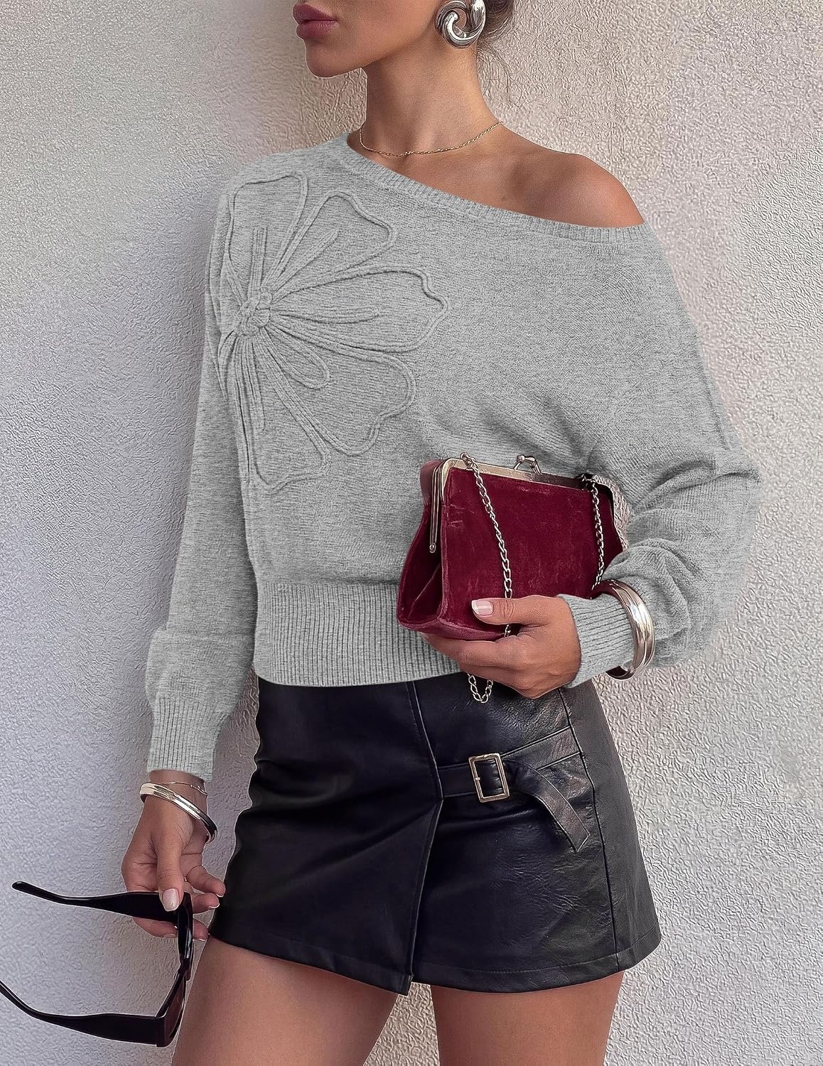 image:imagePRETTYGARDEN Womens Fall Off The Shoulder Sweater TopsLight Grey