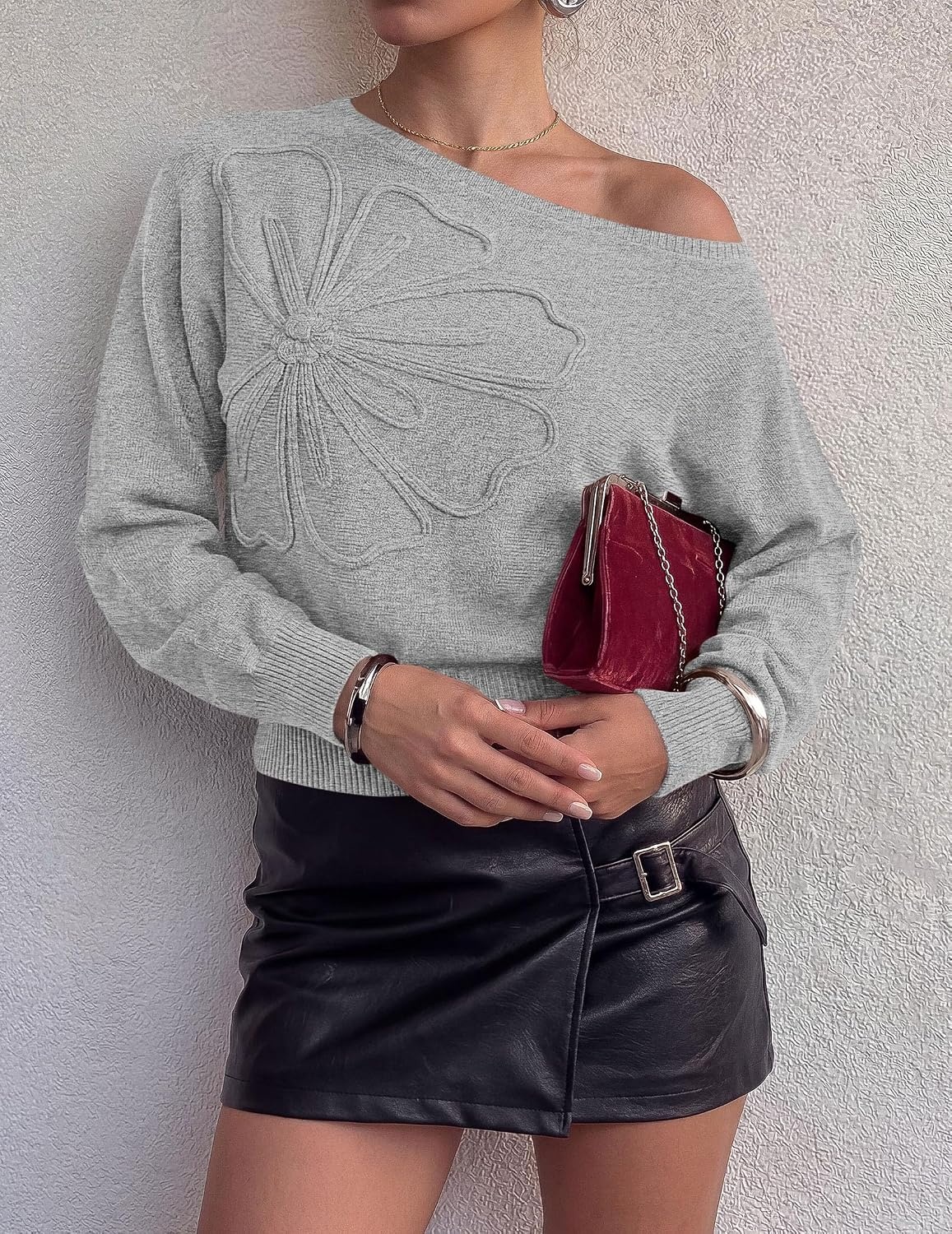 image:imagePRETTYGARDEN Womens Fall Off The Shoulder Sweater TopsLight Grey