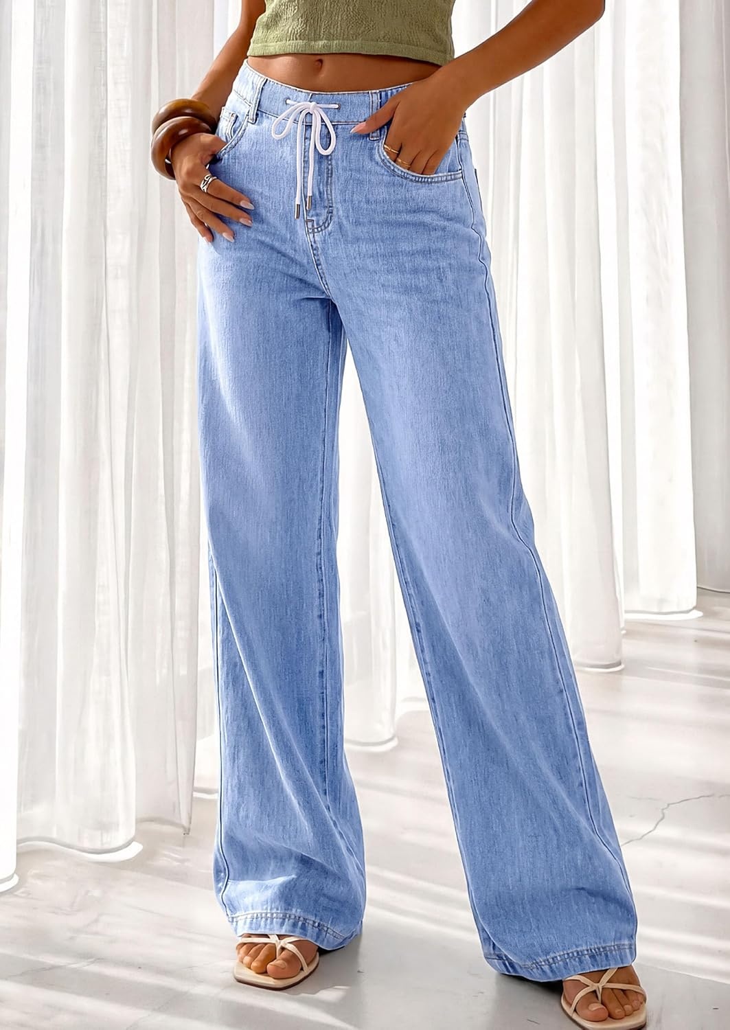image:imagePRETTYGARDEN Womens Stretchy Drawstring Wide Leg JeansBeau Blue