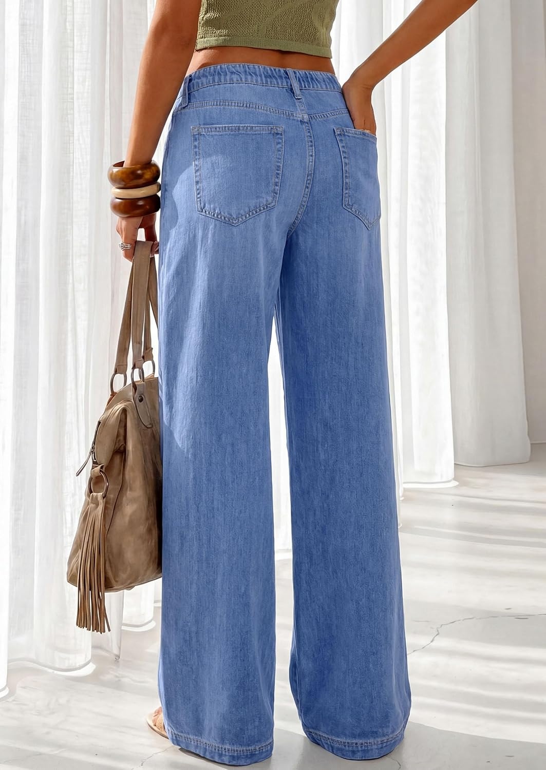 image:imagePRETTYGARDEN Womens Stretchy Drawstring Wide Leg JeansDusk Blue