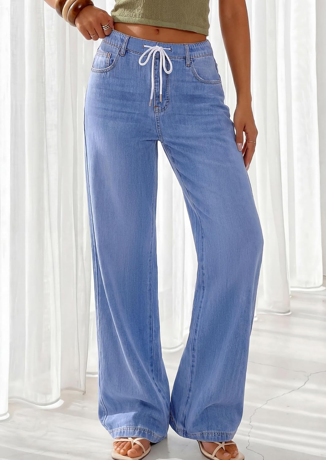 image:imagePRETTYGARDEN Womens Stretchy Drawstring Wide Leg JeansDusk Blue