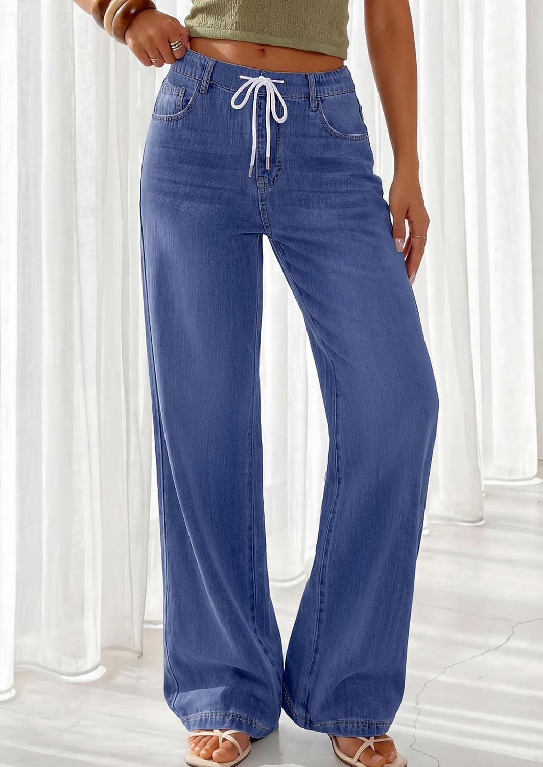 image:imagePRETTYGARDEN Womens Stretchy Drawstring Wide Leg JeansReal Teal