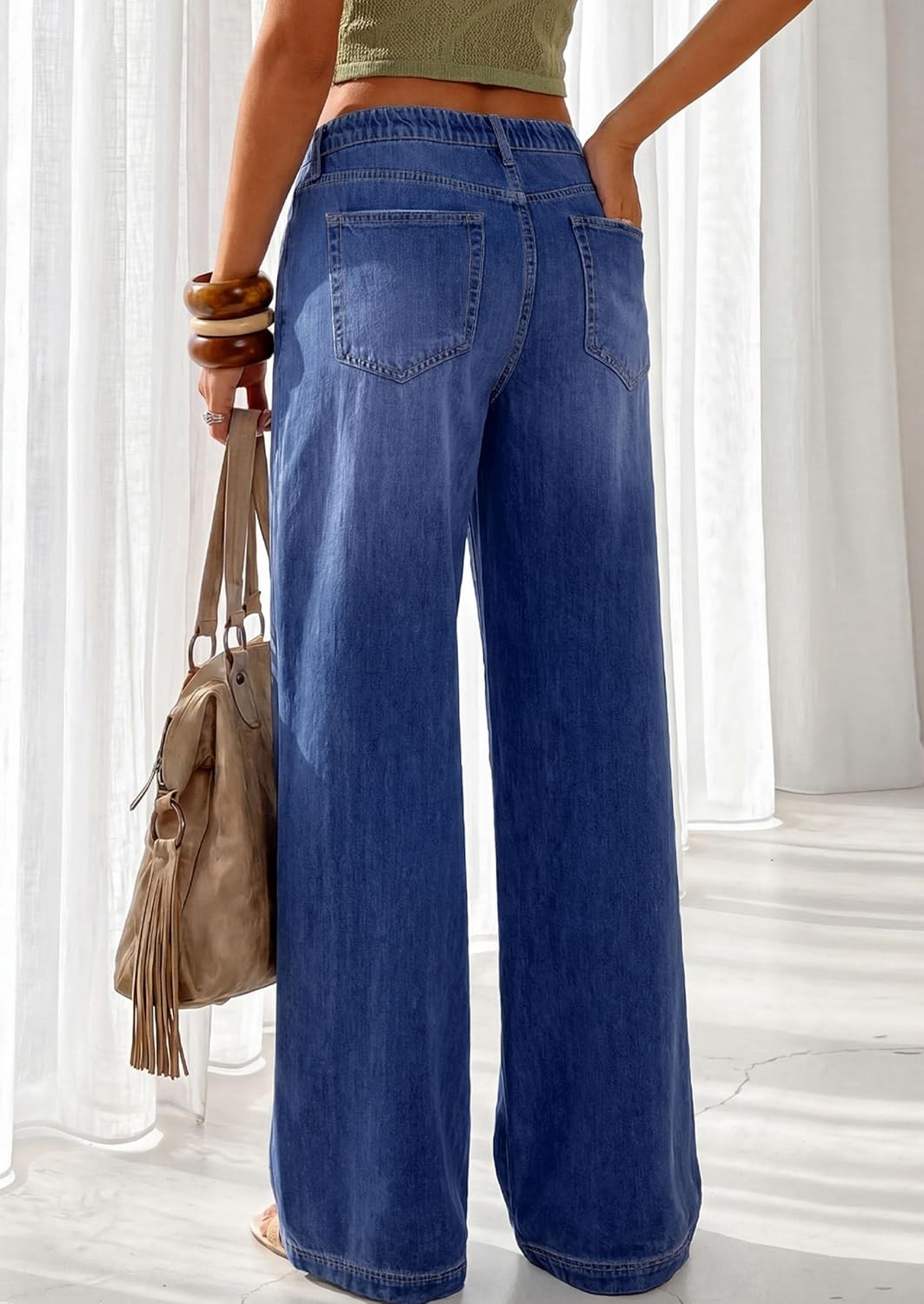 image:imagePRETTYGARDEN Womens Stretchy Drawstring Wide Leg JeansReal Teal
