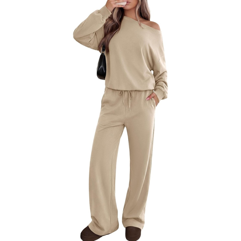 image:imagePRETTYGARDEN 2 Piece Sets for Women Off the Shoulder Matching Lounge SetBeige