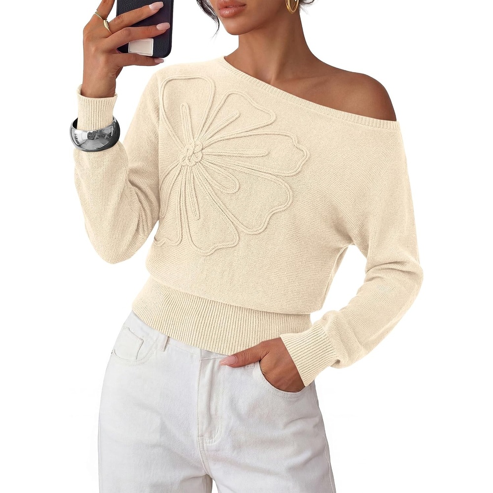 image:imagePRETTYGARDEN Womens Fall Off The Shoulder Sweater TopsBeige