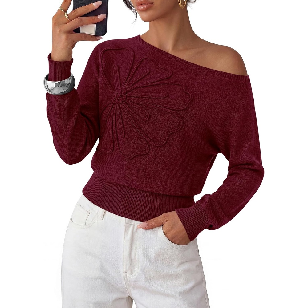 image:imagePRETTYGARDEN Womens Fall Off The Shoulder Sweater TopsBurgundy