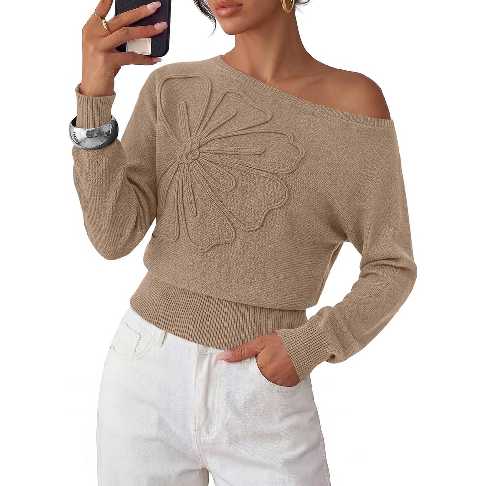 image:imagePRETTYGARDEN Womens Fall Off The Shoulder Sweater TopsKhaki