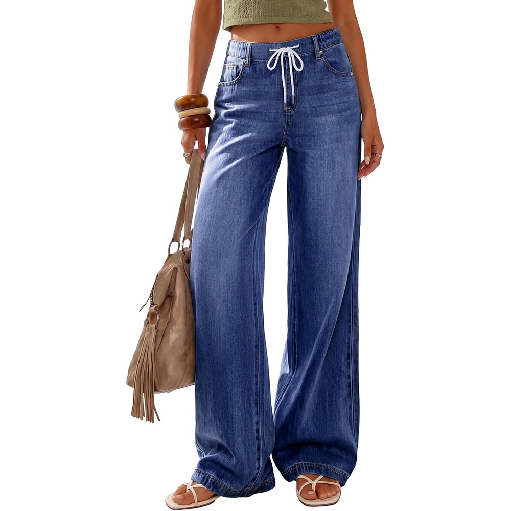image:imagePRETTYGARDEN Womens Stretchy Drawstring Wide Leg JeansNavy