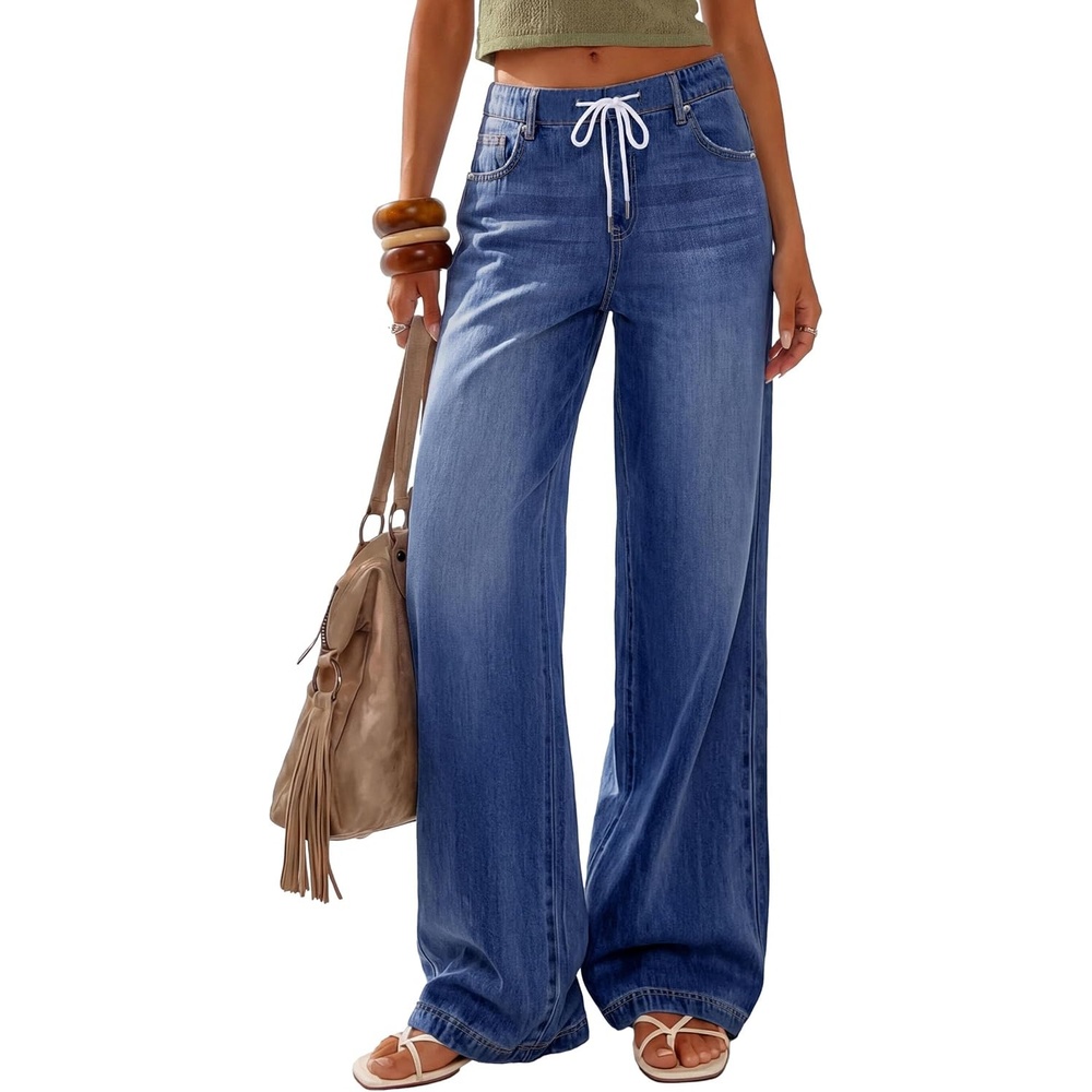 image:imagePRETTYGARDEN Womens Stretchy Drawstring Wide Leg JeansReal Teal