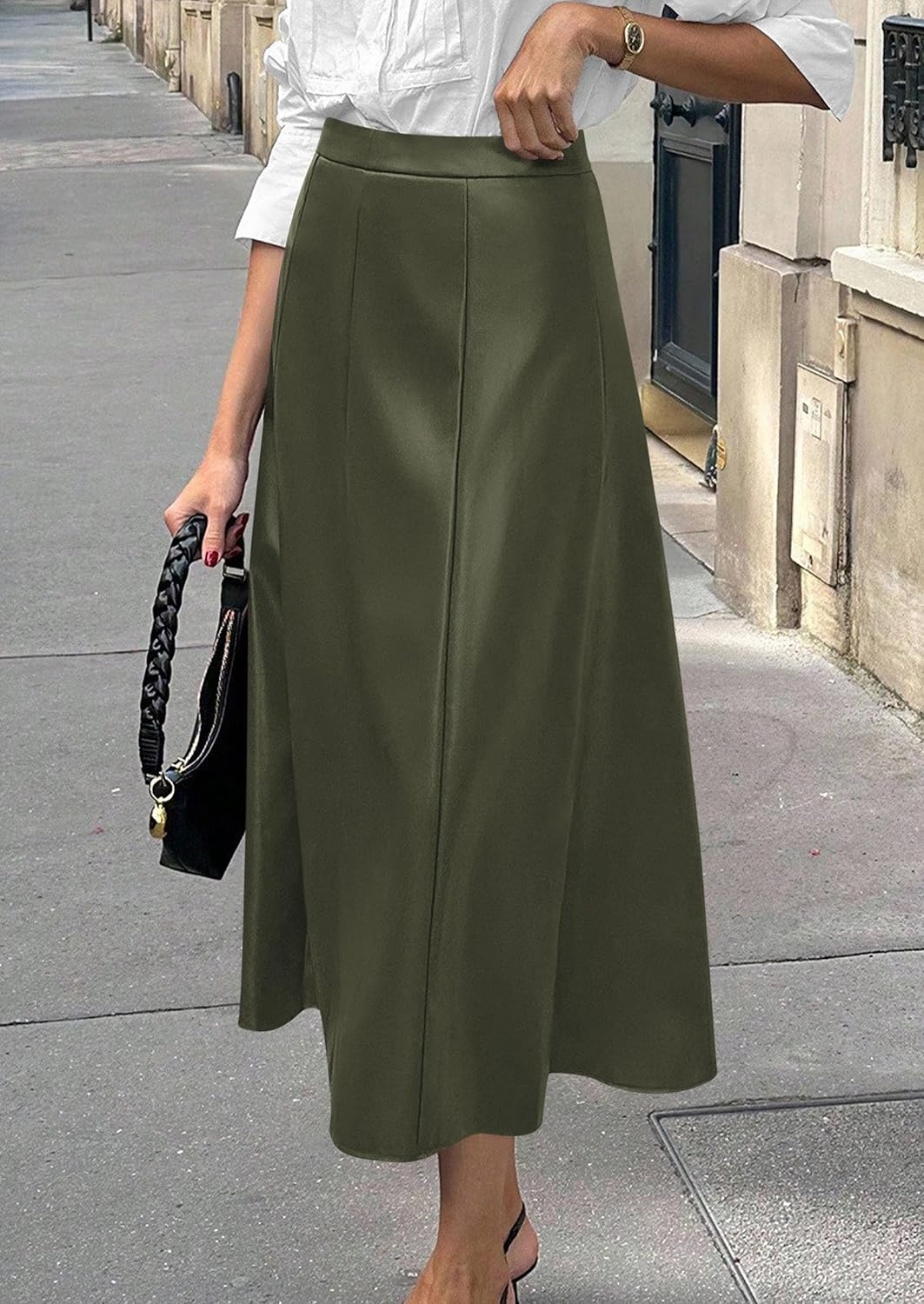 image:imagePRETTYGARDEN Womens Faux Leather High Waisted Midi SkirtArmy Green