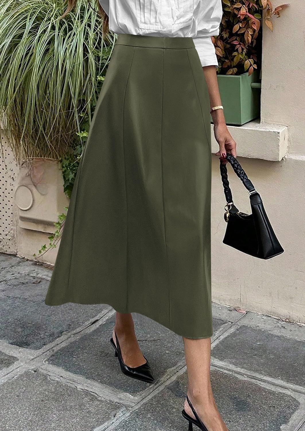 image:imagePRETTYGARDEN Womens Faux Leather High Waisted Midi SkirtArmy Green