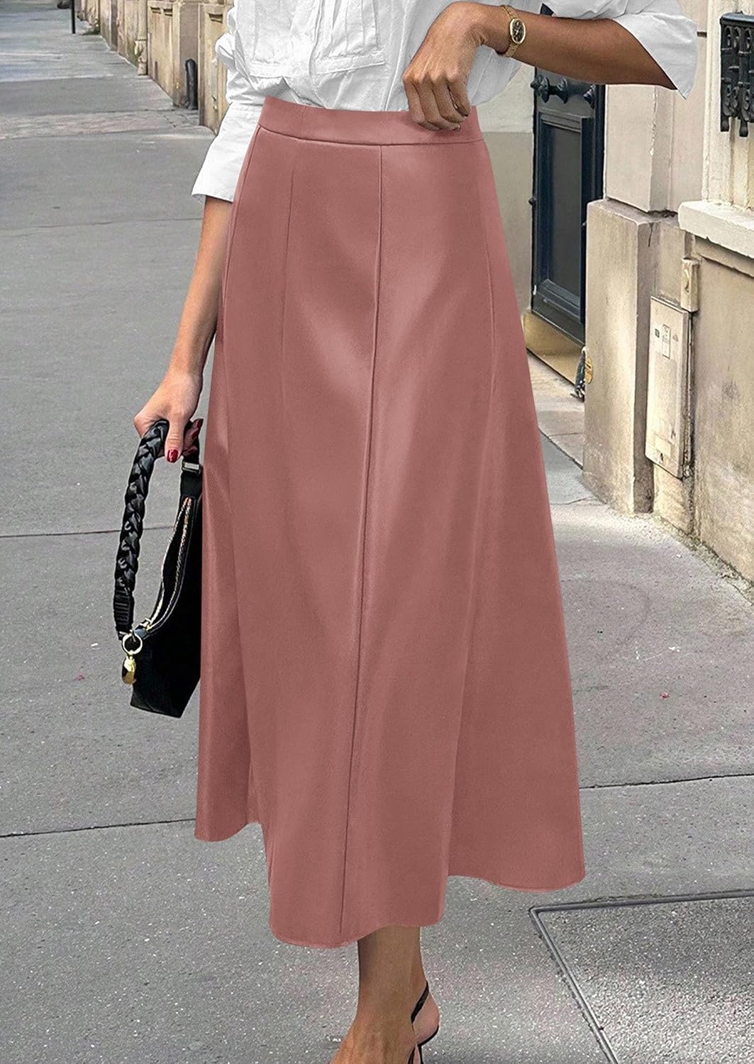 image:imagePRETTYGARDEN Womens Faux Leather High Waisted Midi SkirtDusty Pink