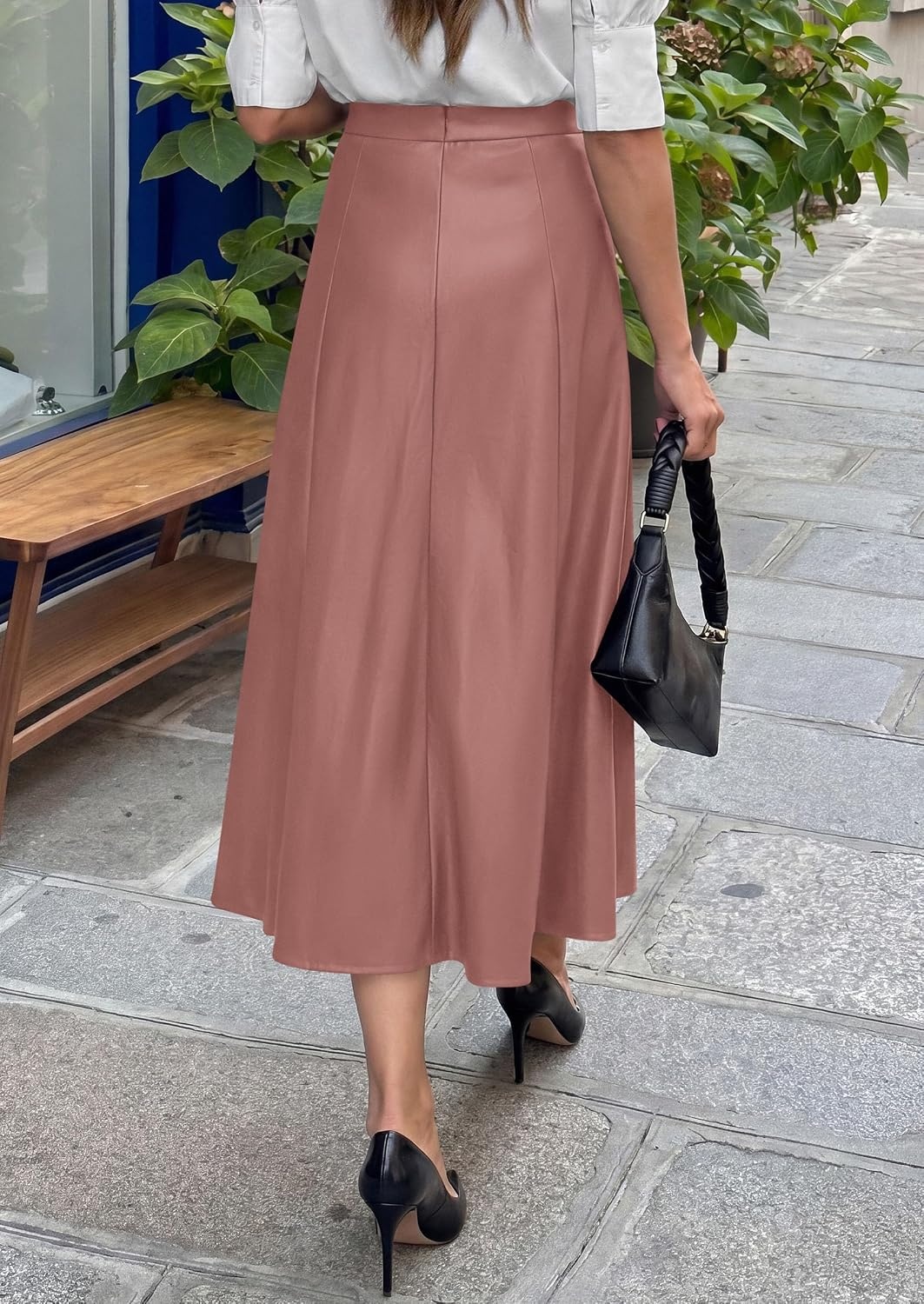 image:imagePRETTYGARDEN Womens Faux Leather High Waisted Midi SkirtDusty Pink