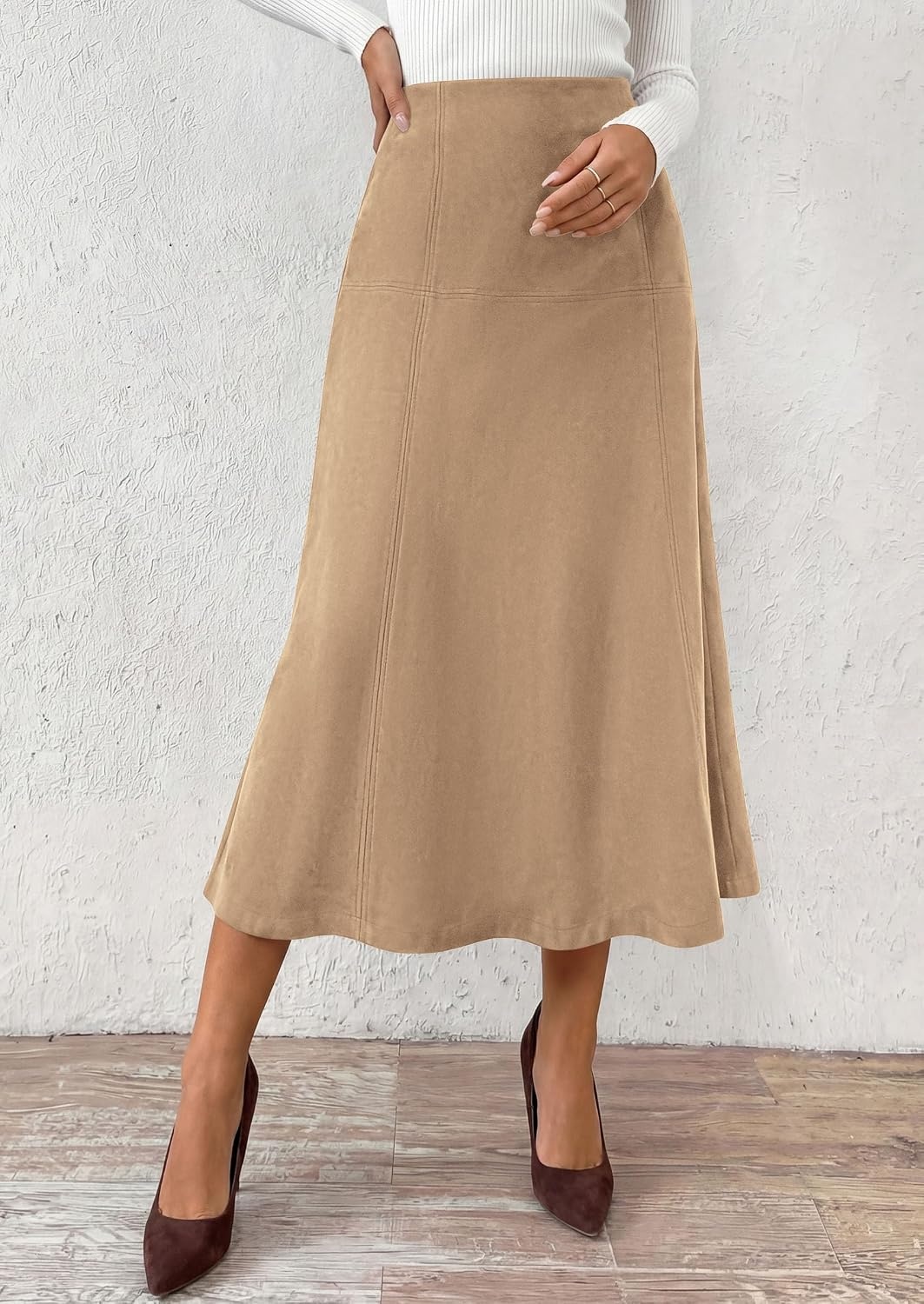 image:imagePRETTYGARDEN Womens High Waist Faux Suede A Line Midi SkirtApricot