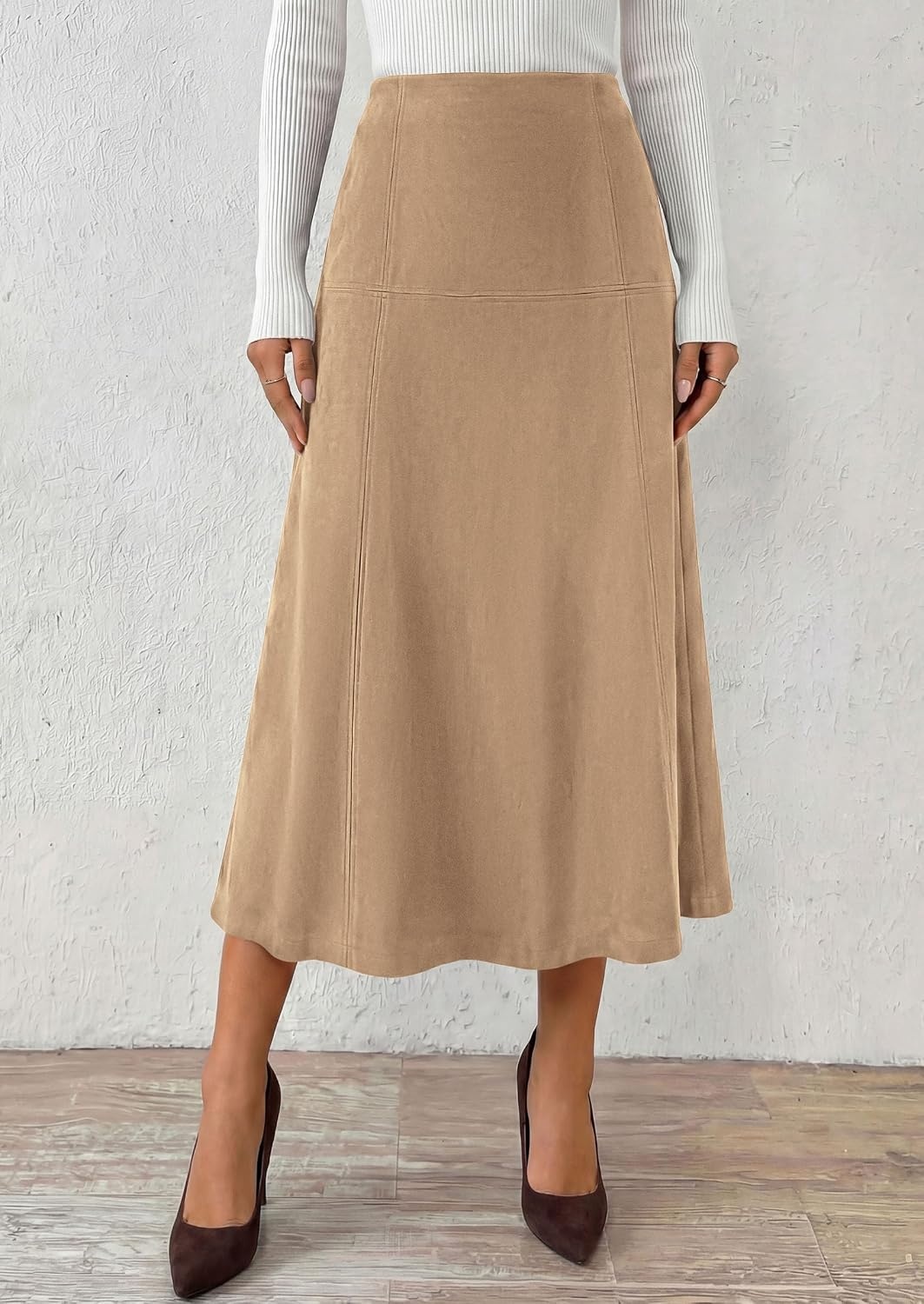 image:imagePRETTYGARDEN Womens High Waist Faux Suede A Line Midi SkirtApricot